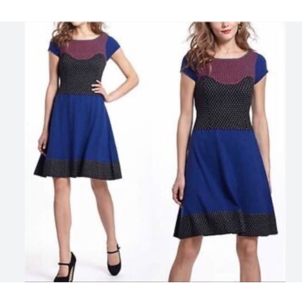 Sparrow Anthropologie Knit Dress Blue Red Black‎ Patterned Career Casual